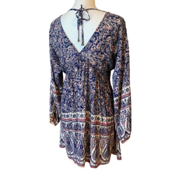 NWT En Créme Boho Peasant Dress | Navy Paisley Design + Beaded V-Neck (S) - Picture 2 of 14